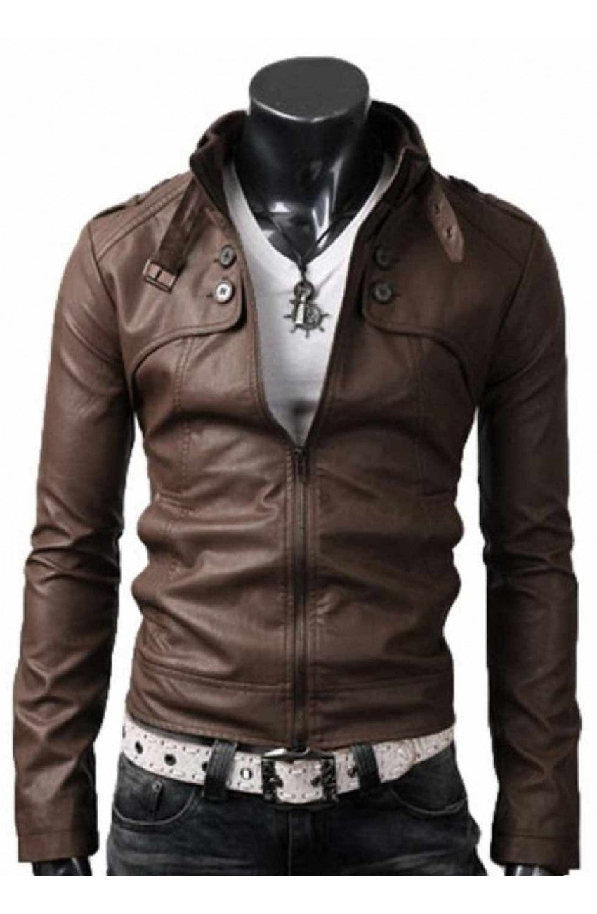 Button Pocket Slim Fit Brown Leather Jacket