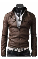 Button Pocket Slim Fit Brown Leather Jacket