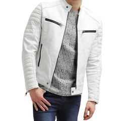 Men's Padded Style Motorcycle White Leather Jacket