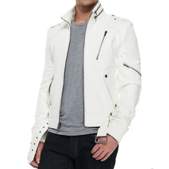 Men's Belted White Leather Motorcycle Jacket