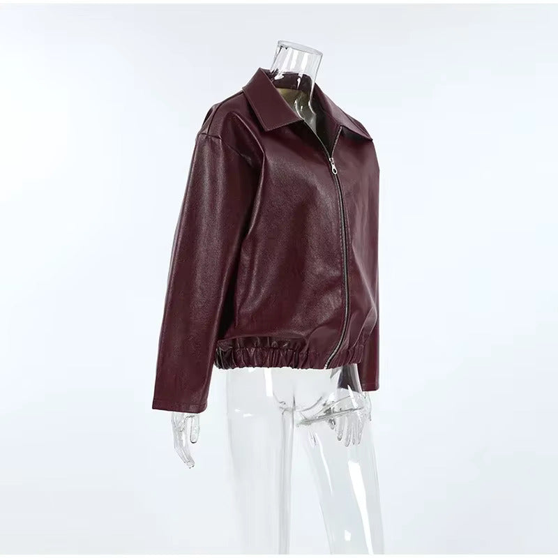 Burgundy Oversized Leather Jacket for Women