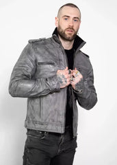 Men's Military Style Distressed Gray Leather Jacket