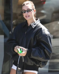 Hailey Bieber Fear of God Black Oversized Leather Jacket