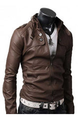 Button Pocket Slim Fit Brown Leather Jacket