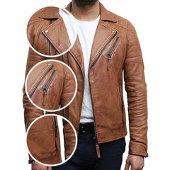 Men's Slim Fit Cross Zip Retro Vintage Brando Leather Jacket