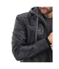 Men's Black Bomber Leather Jacket With Removable Hoodie