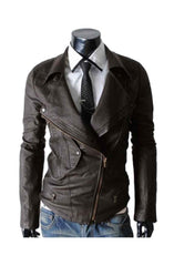 Men Designer Slim Fit Asymmetrical Zipper Dark Brown Leather Jacket