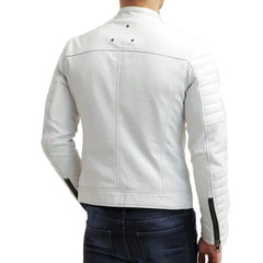 Men's Padded Style Motorcycle White Leather Jacket