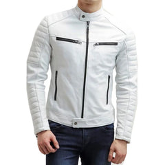 Men's Padded Style Motorcycle White Leather Jacket