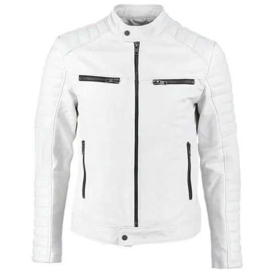 Men's Padded Style Motorcycle White Leather Jacket