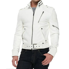 Men's Belted White Leather Motorcycle Jacket