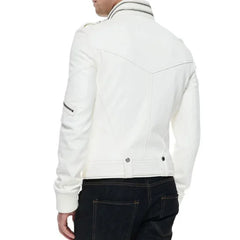 Men's Belted White Leather Motorcycle Jacket