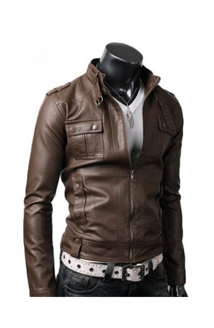 Men's Slim Fit Strap Buckle Collar Brown Leather Jacket