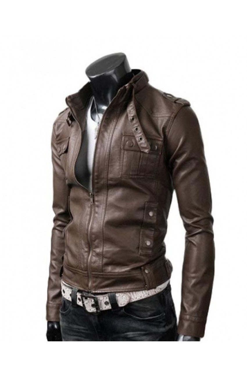 Men's Slim Fit Strap Buckle Collar Brown Leather Jacket