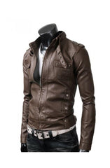 Men's Slim Fit Strap Buckle Collar Brown Leather Jacket