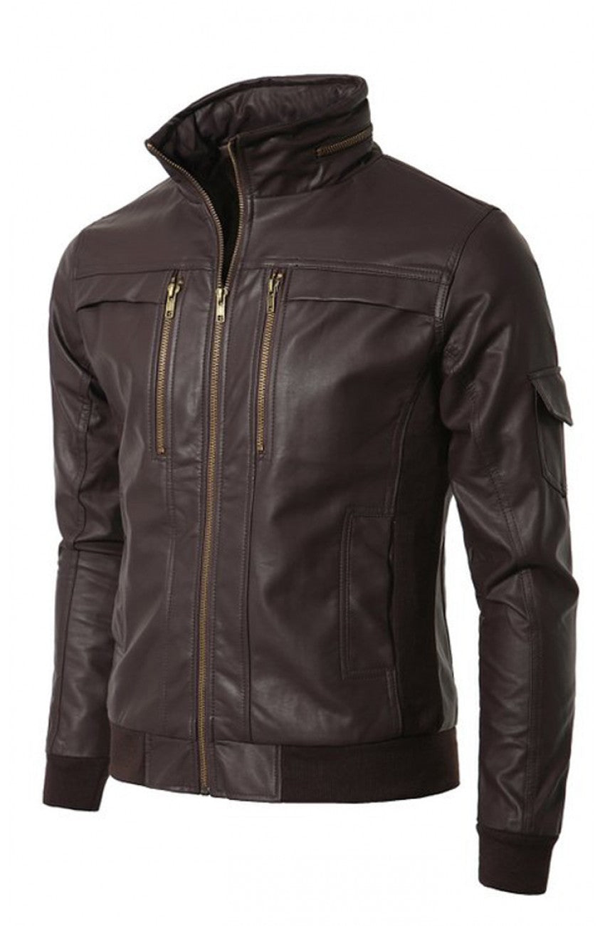 Men's Slim Fit Wired Collar Brown Leather Jacket
