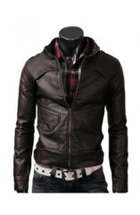 Men's Slim Fit Strap Buckle Collar Brown Leather Jacket