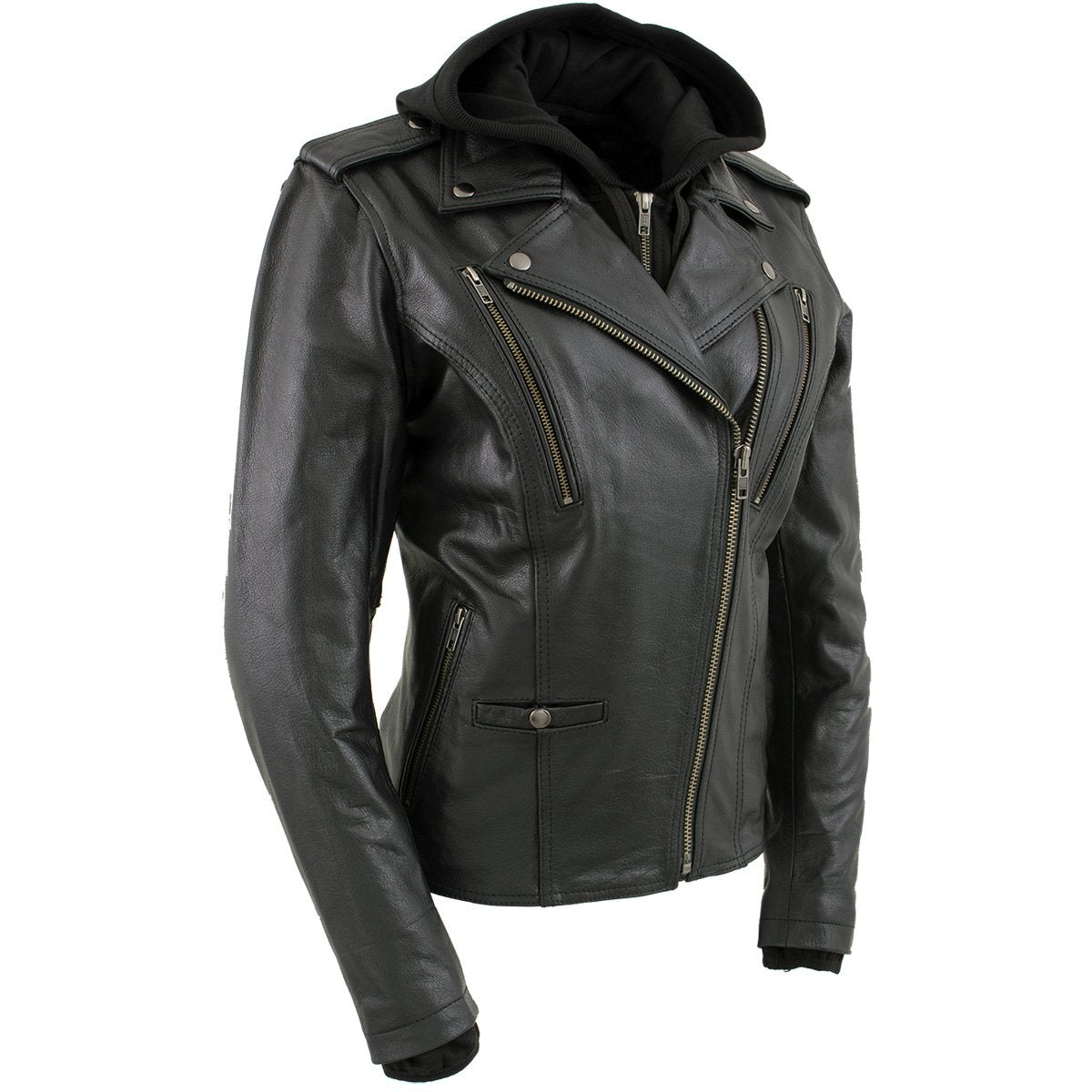 Women’s Black Vented Mc Black Leather Jacket With Removable Hoodie