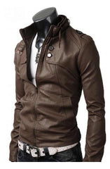 Button Pocket Slim Fit Brown Leather Jacket