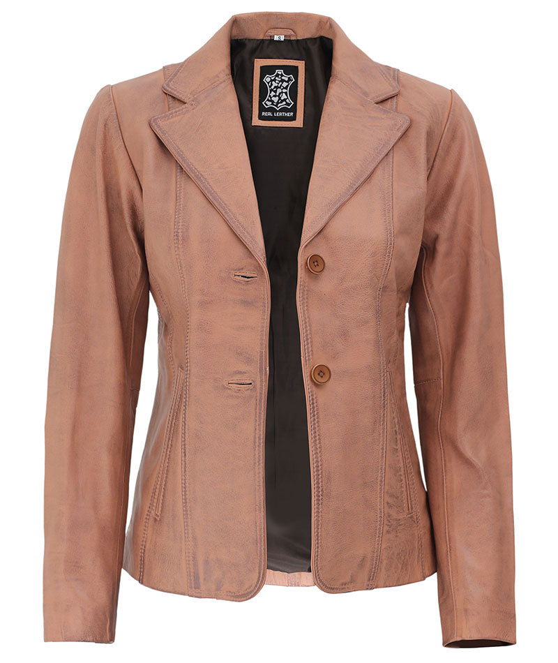 Women's Peach Distressed Leather Blazer Jacket