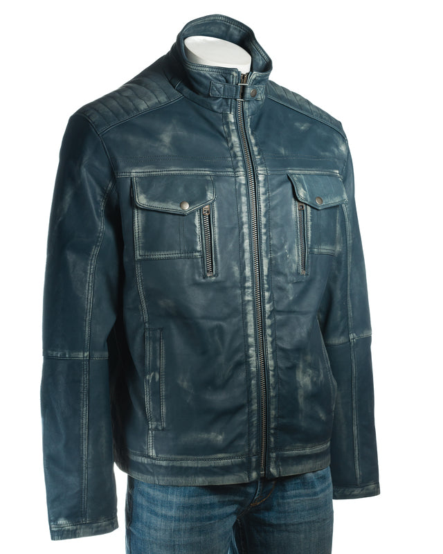 Men's Blue Vintage Biker Style Leather Jacket