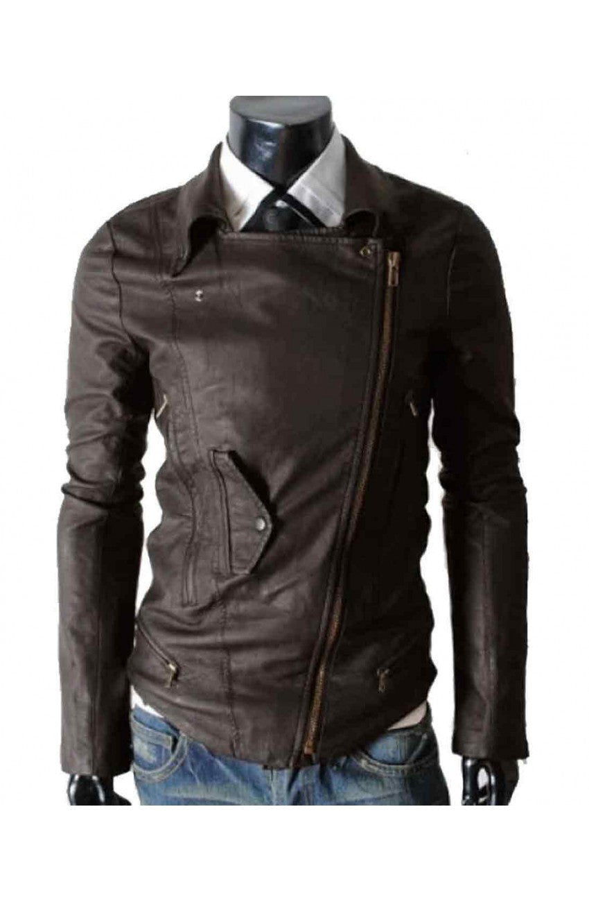 Men Designer Slim Fit Asymmetrical Zipper Dark Brown Leather Jacket