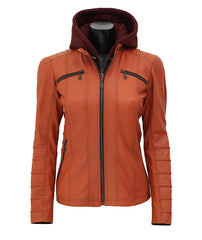 Women's Removable Hooded Brown Quilted Biker Leather Jacket