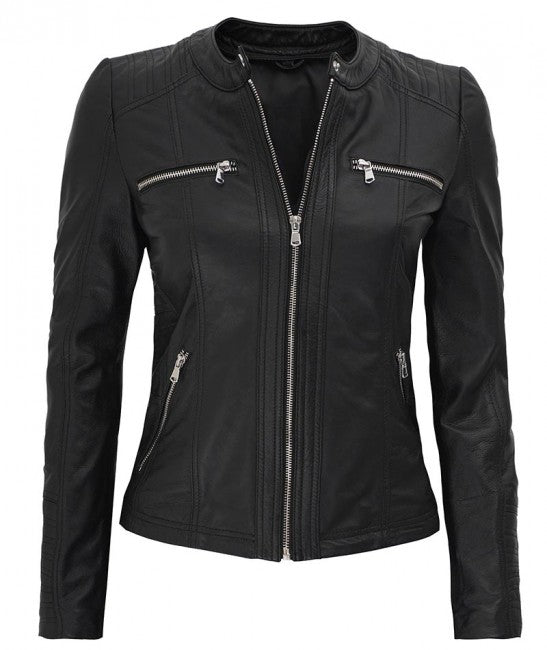 Women's Hooded Biker Leather Jacket