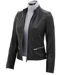 Black slimfit quilted women leather jacket